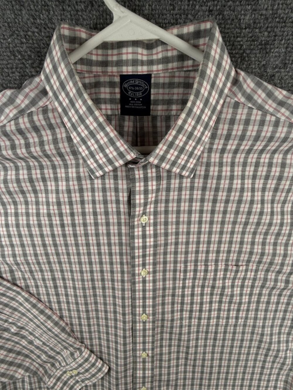 Brooks Brothers Men Button Up Shirt Long Sleeve Cotton Plaid Gray Red 17.5 34/35